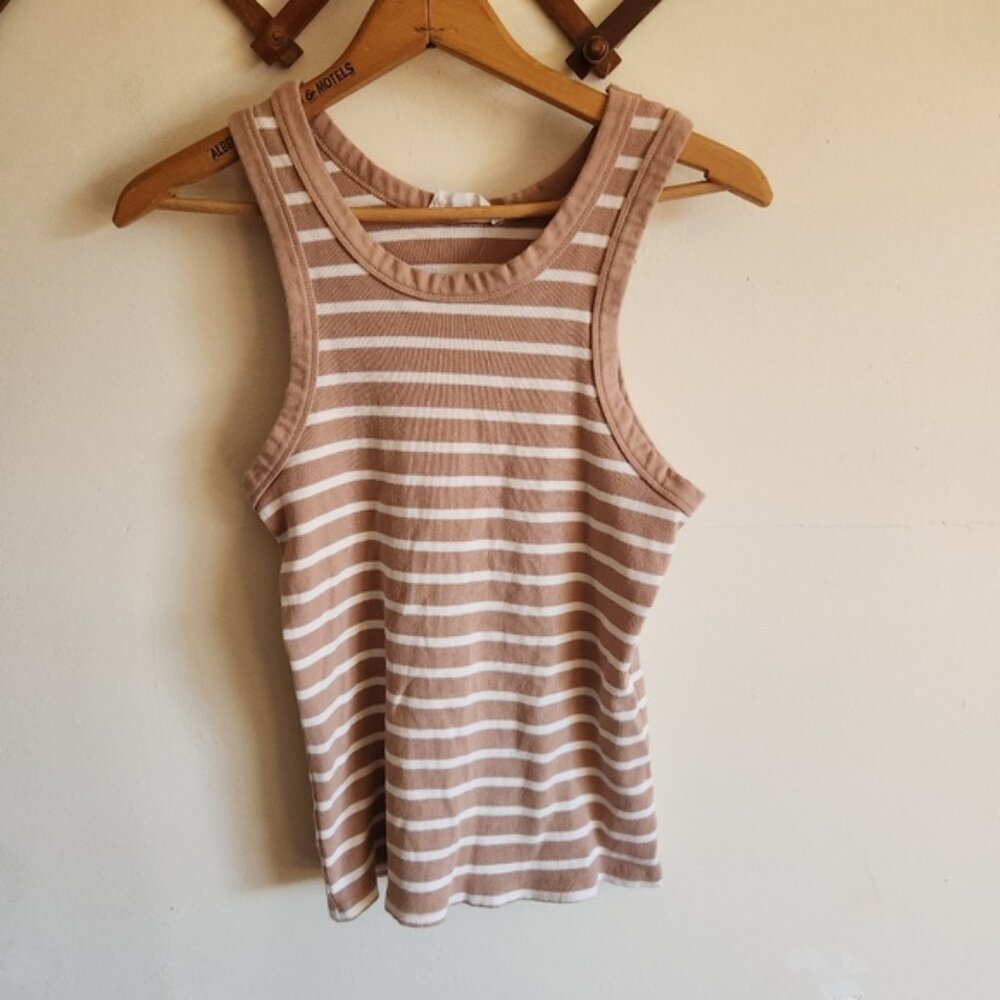 Double Zero Buckle Ribbed Tan White Striped Tank Top Stretch Cotton Medium